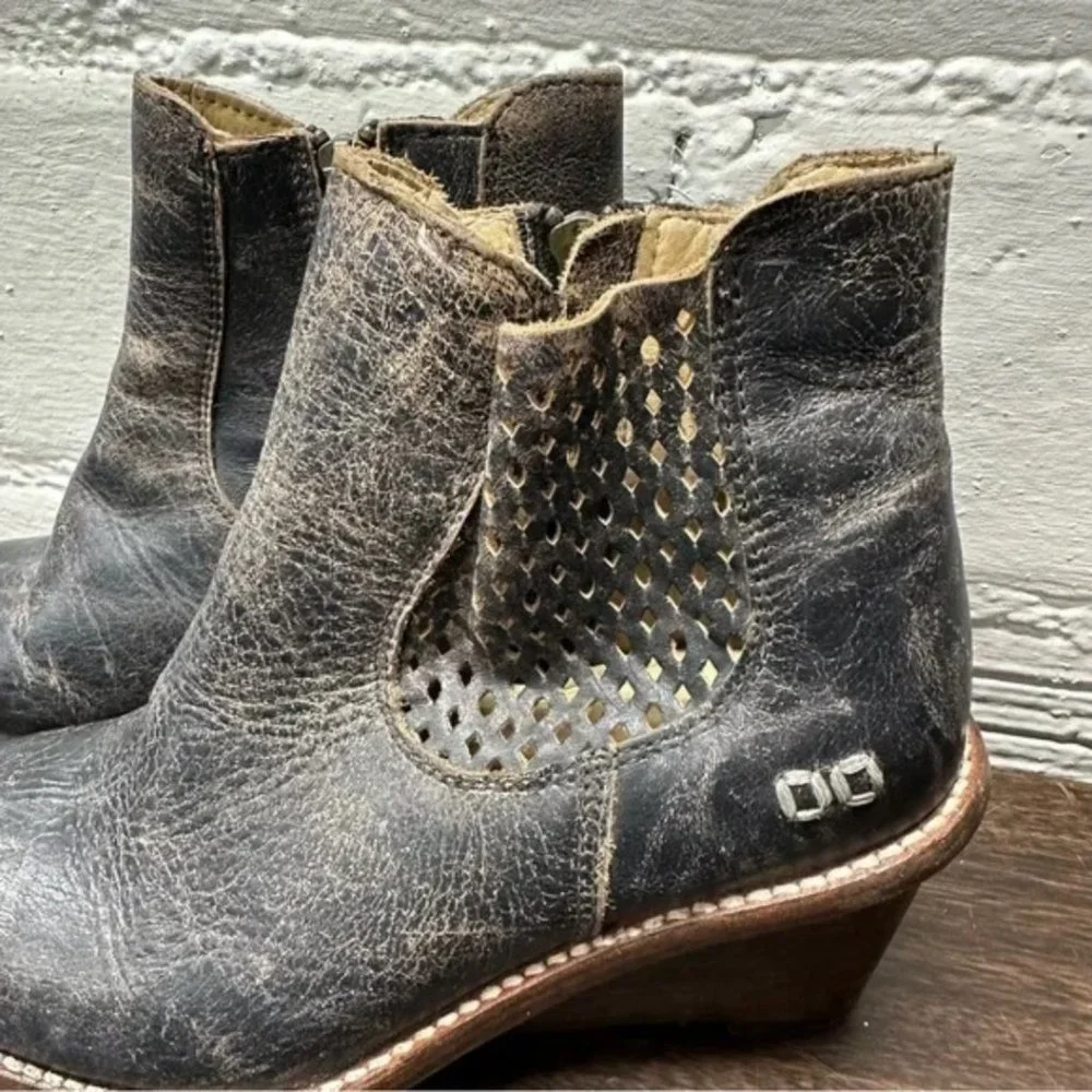 Bed Stu Dark Brown Distressed Leather Wedge Ankle Boots - Picture 5 of 9